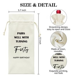 LAGZDFC Pairs Well With Turning Forty Wine Champagne Gifts Bag, Reusable Wine Wrap Bag, Happy 40th Birthday Décor Gifts for Men Women Family Friends Wife, 40 Years Old Birthday Party Decoration
