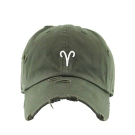 Aries Zodiac Vintage Baseball Cap Embroidered Cotton Adjustable Distressed Dad Hat Olive