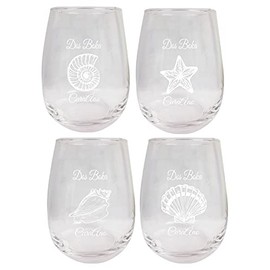 R and R Imports Dos Boka Curaçao Souvenir 9 Ounce Laser Engraved Stemless Wine Glass Shell Designs 4-Pack