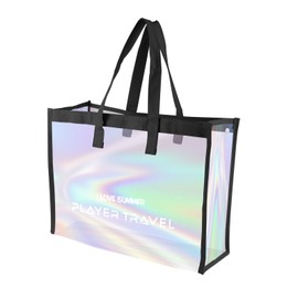 AfitLulu Holographic Beach Bags, Waterproof Tote Bag with 3 Compartments and Zipper, Foldable Large Clear Tote Bag for Beach (Black)