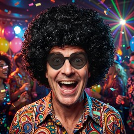 MEEZY Black Afro Wig with Heart Sunglasses for Men Women, Funny 70s 80s Disco Party Afro Wigs Colored Short Fluffy Curly Hair with Hair Net for Halloween Cosplay Costume Party Music Festival