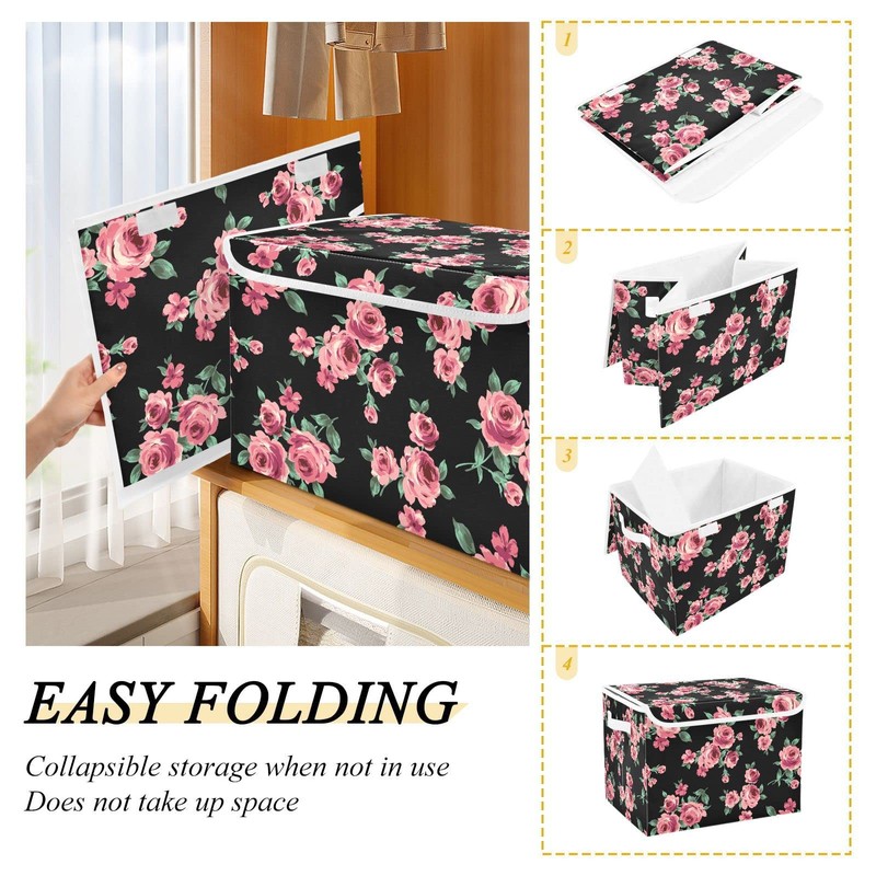 CaTaKu Large Fabric Storage Bins With Lids, Floral Pink Rose