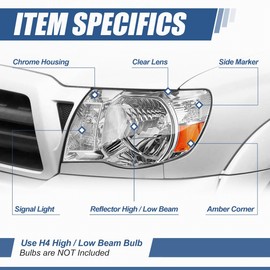 Fatcory Style Halogen Headlight Lamp Compatible with Toyota Tacoma (Non Sport Package) 2005-2011, Driver Left Side, Chrome Housing Amber Corner