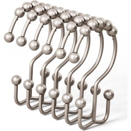 Shower Curtain Hooks Rings, Rust Proof Hooks, Metal Easy Glide Double Shower Rings Hooks, Stainless Steel Shower Curtain Hangers for Bathroom Shower Curtains, Set of 12 Hooks - Color: Brushed Nickel, Size: Double Hooks