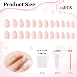 LunarCharm 24 Stück Pink French Tip Press on Nails Mandel, Kurze Mandel Fake Nägel, mit Klebelaschen Mini Nagelfeile, Nägel Press Ons, Frauen Mädchen Geschenk