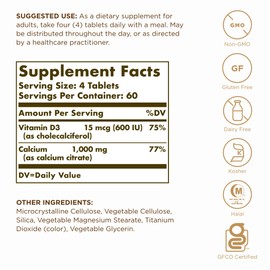 SOLGAR Solgar Calcium Citrate with Vitamin D3-240 Tablets - Non-GMO, Gluten Free, Kosher, Halal - 60 Servings