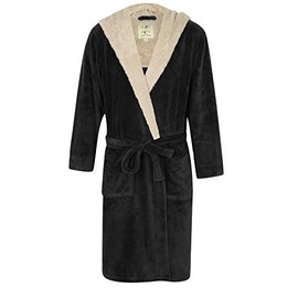 John Christian Men's Warm Hooded Fleece Robe, Black with Light Gray, Large