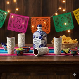 MEXTEQUIL - Handcrafted Ceramic Shot Glasses, White Floral Pattern, Terracotta Interior, Set of 4, Traditional Mexican Design (White Floral Pattern)
