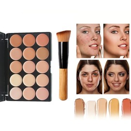 Concealer Palette Cream Concealer Kit Face Contouring Highlighter Palette Color Correcting Palette for Acne Scars Makeup Concealer Brush Set (15-color)