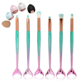 6 Pcs Set 3d Mermaid Makeup Brush Cosmetic Brushes Eyeshadow Eyeliner Blush Brushes Tools (Sky Blue&Pink(6pcs Set))