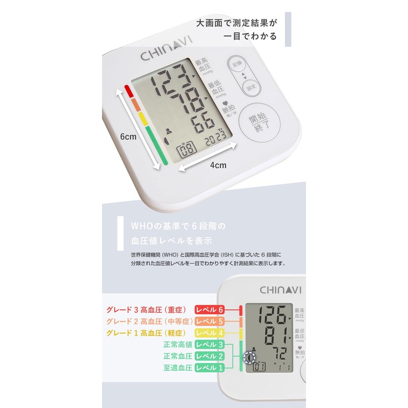 ちゃいなび 医療機器認証 上腕式 血圧計 (デジタル/電池式) 見やすい大画面 血圧 正確 上腕式血圧計 (測定アシスト機能/オートパワーオフ/メモリー