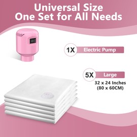 Vacuum Storage Bags with Electric Pump,5 Pack Vacuum Seal Bags for Clothing,Space Saver Vacuum Storage Bags for Blankets and Comforters,Vacuum Bags for Travel,Suction Bags for Storage,Pink