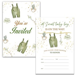 YIDOU Boho Boy Baby Shower Party Invitations Green Baby Clothes Baby Shower Party Fill In Invites Cards 20 Invitations and Envelopes (Double Sided)