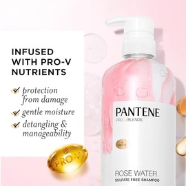 Pantene Champú sin sulfatos de agua de rosas, calma, repone la hidratación, seguro para cabello tratado con color, infusión de nutrientes con vitamina