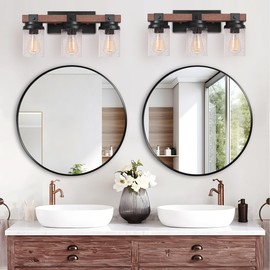3-Light Farmhouse Vanity Light, Rustic Bathroom Light Fixtures Over Mirror with Pretty Glass Shade, Industrial Handmade Wood Wall Sconces for Bathroom Living Room Hallway
