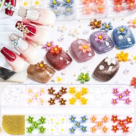 3D Flower Nail Charms, 12 Colors Flower Nail Rhinestones Kit Colourful Flower Nail Charms with Metallic Caviar Beads Acrylic Nails Manicures Nail Art Accessories for Women Girls