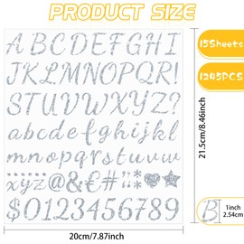 1245Pcs Letter Stickers 15 Sheets Alphabet Stickers Vinyl Sticker Letters 1Inch Self-Adhesive Glitter Number ABC Stickers for Scrapbook Water Bottles Graduation Cap Crafts Mailbox Sign (Silver)