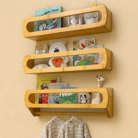 Homewisp Nursery Floating Shelves for Wall Set of 3 – Premium Solid Bamboo, No Assembly Required, Rounded Edges, Book and Toy Storage Organizer, Bookshelves for Kids Room, Nursery Wall Decor