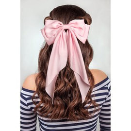 Furling Pompoms Hair Bows for Women,Large Satin Silky Hair Bow Clips Ribbon Long Tail French Barrette Hair Clamps Girls Hair Accessories Party Wedding Christmas Thanksgiving (Light Pink)