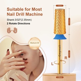 Cnynail 3/32" Large Tapered Barrel Flat Bit Tungsten Carbide Nail Drill Bit Safety Bit for Gel & Acrylic Removal, 2- Way Rotating Efile Tip, Salon Electric File Accessory (M Girt, Gold)
