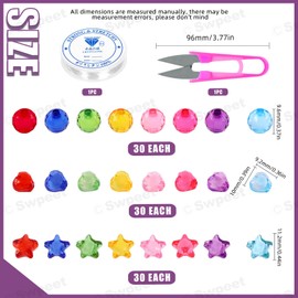 Swpeet 722pcs Acrylic Heart Beads Star Beads (Colourful) 8 Candy Colours 9/10/11 mm Plastic Cute Loose Beads Kit Contains Elastic Strings, Scissors for Girls Bracelets Jewellery Making DIY
