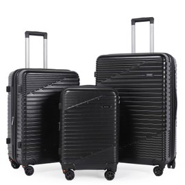 Luggage Sets 3 Piece, Hardshell Expandable Lightweight Ultra Durable 100% PC Carry On with detachable Spinner Wheels Travel Set TSA Lock (Black)