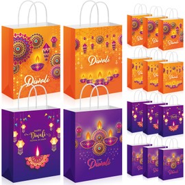 Kolldenn 12 Pieces Happy Diwali Treat Bags with Handle Festival of Lights Gift Bags Diwali Theme Candy Bags Diwali Party Favor Bags for Indian Diwali Light Party Decor