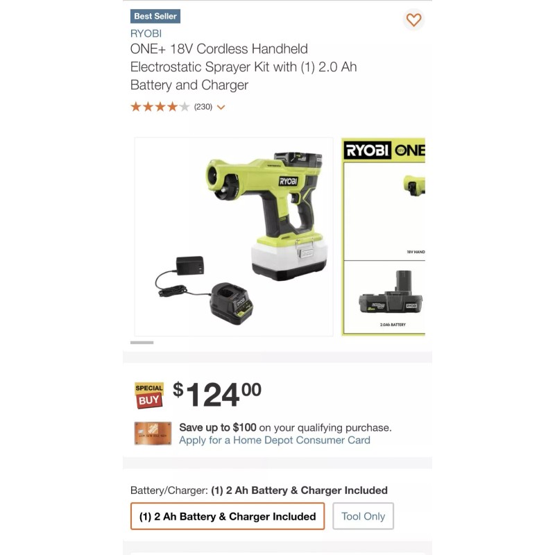 Ryobi New Ryobi One+ 18V ElectroStatic Handheld Sprayer Kit w/