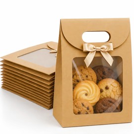 VAGREEZ Kraft Gift Bags with Window 12 Pack, Reusable Paper Favor Bags with Satin Bow in Assorted Colors for Party, Wedding, Birthday and Small Business (Brown, Small)