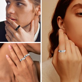 LOCCY Anxiety Ring for Women Men, 6 Pcs Stainless Steel Spinner Rings Star and Moon Spinner Rings Mens Spinner Ring for Anxiety Wedding Band Rings Engagement Promise Rings Black/Silver (T 1/2)