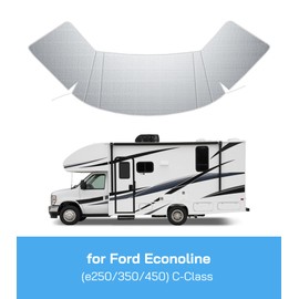 RV Windshield Cover for Ford E450,E350,E250,Econoline,Club Wagon 1997-2025 Motorhome,Thick Oxford Front Window Sunshade Cover, Class C RV Windshield Shade for Ice & Snow,With Mirror Cutouts