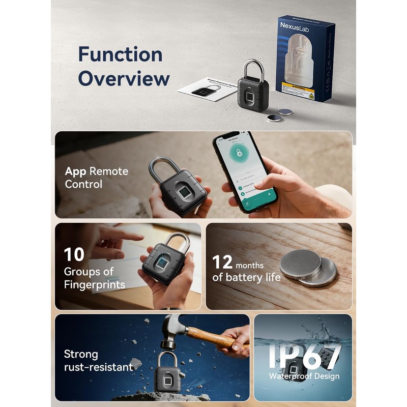 NexusLab Smart Fingerprint Padlock with TUYA App Control, IP67 Waterproof,