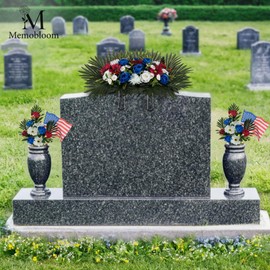 Memobloom Headstone Flower Saddle Arrangements - Artificial Cemetery Flowers Silk Funeral Memorial Day Sympathy Floral for Outdoor Gravestone Decorations (Red White Royal Blue)