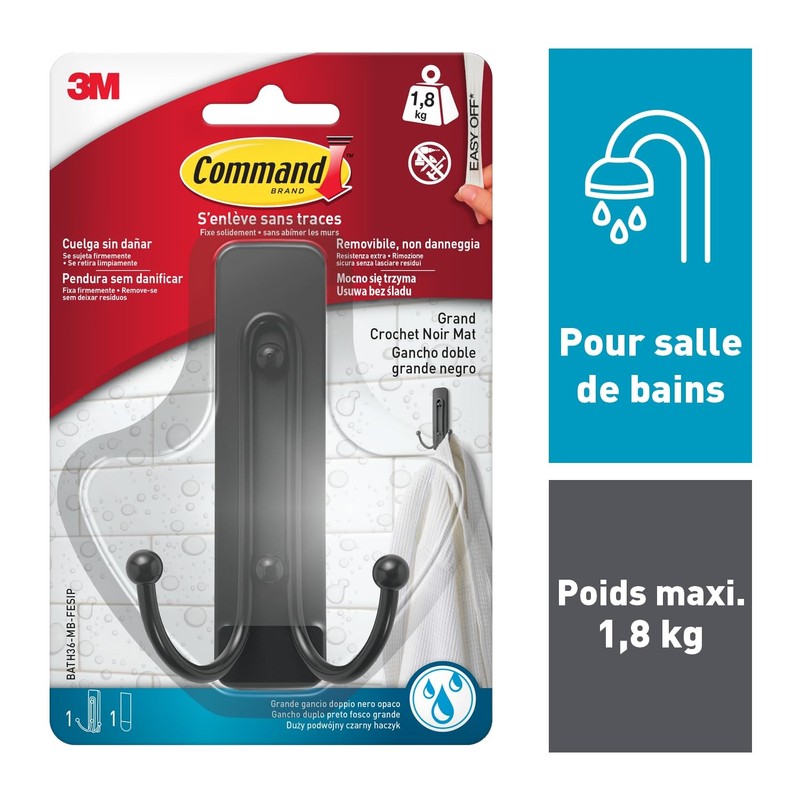 Command BATH36-MB-FESIP Double Large Bathroom, Bath36, Matte Black, 1 Hook,