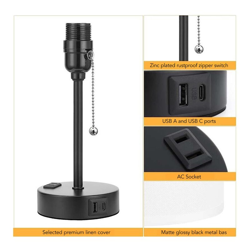 LED Table Lamp Fabric Lampshade USB A and USB C