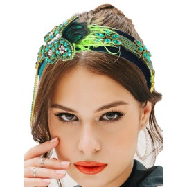 Urieo Baroque Butterfly Rhinestone Headband Dark Green Feather Wide Hairbands Tassel Crystal Embellished Hair Hoops Hair Accessories for Women