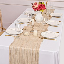 FXKS Pack of 3 Beige Cheesecloth Table Runner, 90 x 300 cm, Rustic Gauze Fabric, Boho Table Runner, Cheesecloth Table Runner, Wedding Tablecloth for Wedding, Bridal Shower, Banquet
