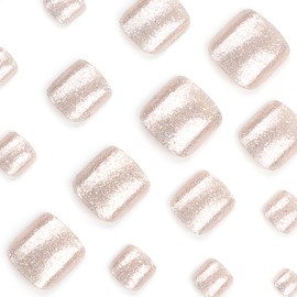 Press on Toenails, Glitter Fake Toenails Short Square False Toenails Full Cover Acrylic Toenails Glossy Artificial Toenails Holiday Stick on Toenails Luxury Glue on Toenails Beach Toenails for Women