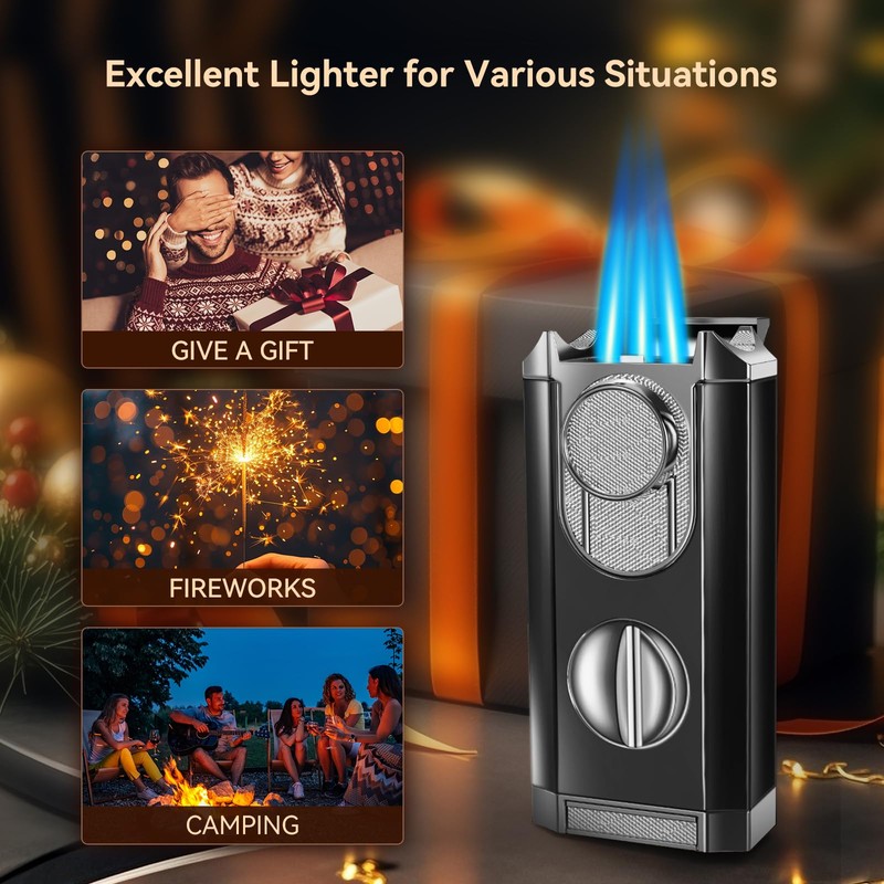 All-in-One Triple Torch Lighter, Built-in V Cutter, Holder, Adjustable Windproof