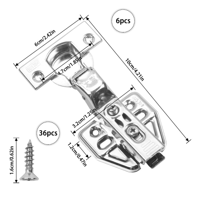 6 Pcs 110° Cabinet Hinges,304 Stainless Steel Kitchen Cupboard Hinges