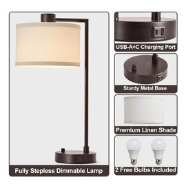 Luvkczc Table Lamp for Bedroom Set of 2 with USB C+A Ports - Fully Stepless Dimmable Bedside Lamp with Linen Lampshade - Contemporary Lamp for Living Room Reading Office, 2 Bulbs Included (Red Brown)