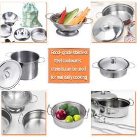Mini Stainless-Steel Kitchen Cooking Utensils Toys, Cookware Pots and Pans Play Set with Cooking,Tiny Size Pretend Toys for Kids, Educational＆Develop Kitchen Experience Toy,Cute Cloth Bag Packing
