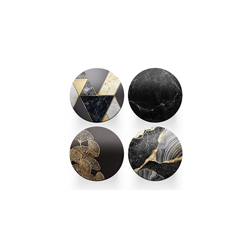 4 x Round Art Deco Coasters - Black Agate Marble