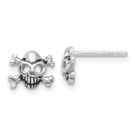 Diamond2Deal Sterling Silver Rhodium-plated Antiqued Skull and Crossbones Stud Earrings (Length 0.28 in, Width 0.34 in)
