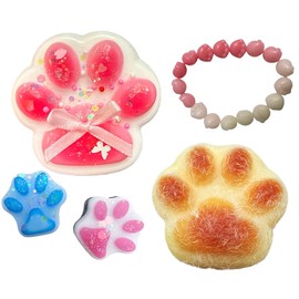 5PCS Handmade Taba Squishy Cat Paw Toys –Soft Jelly Kitty Paw Squeeze Toys, Cute Kawaii Fufu Squishies, Sticky Fur Ball Stress Relief Fidget Toys for All Ages (Pink Sticky+Yellow Fur)