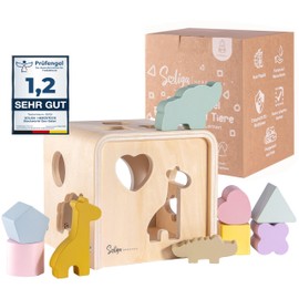 Soliga | HERZSTÜCK Wooden Cube Set | Shapes and Animals | Motor Skills Cube | Plug-in Game and Montessori Educational Toy from 1 Year