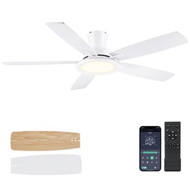 BYKISTOK 52In Flush Mount Ceiling Fans with Lights - White Low ProfileCeiling Fan with Remote/APP, Reversible, 3CCT Dimmable, Modern Fan Light for Indoor Living Room, Outdoor Covered Patios