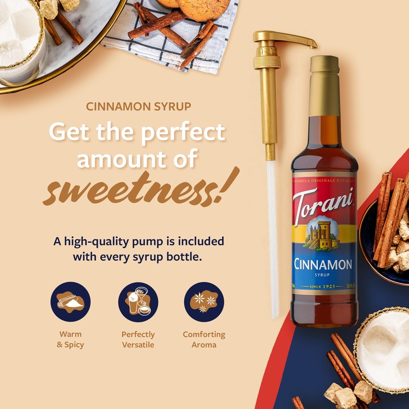 Torani Coffee Syrup, Cinnamon Flavored Syrup for Drinks, Pump Included,