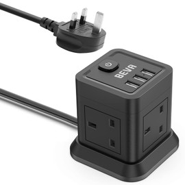 Cube Extension Lead with USB, 4 Way Power Strip with 3 USB Ports (5V/2.4A) BEVA UK Power Socket with Switch 1.5M Extension Cords for Home, Office, Travel, Dorm Room (Black)