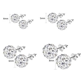 Hinvan 4 Pairs 925 Sterling Silver Earrings Silver Stud Earrings Women's Crystal Ball Stud Earrings Silver Small Earrings Set Zirconia Ball Earrings Piercing Earrings for Women Girls Women, Sterling